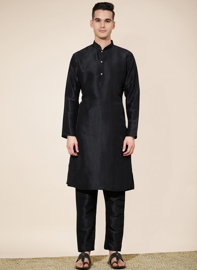 Pure Silk Black Traditional Wear Plain Readymade Kurta Pajama